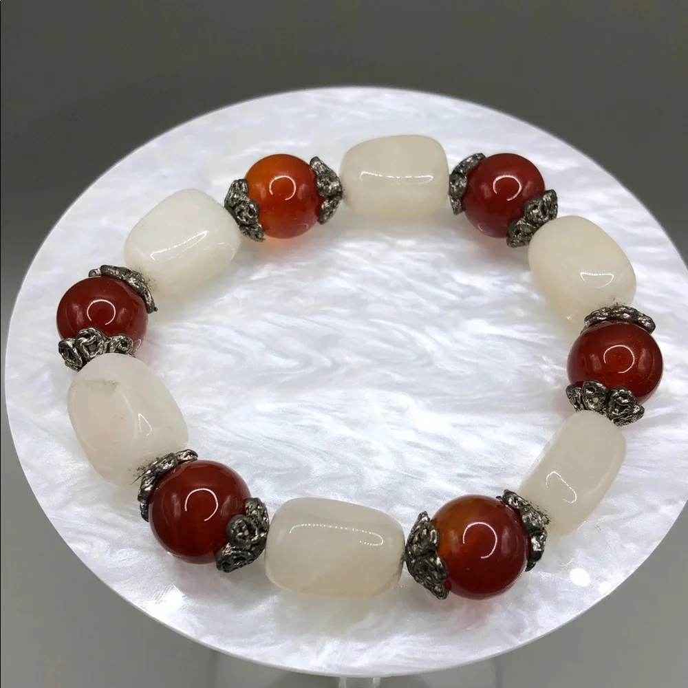 Polished stone gemstone quartz and carnelian agate bead roll on bracelet boho.